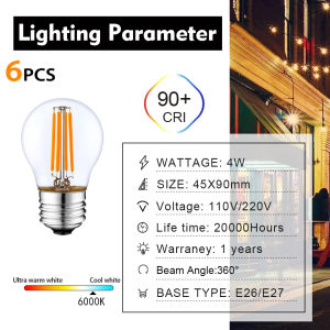 Genixgreen LED 220V 6 Packs LED Bulb E27 LED Edison Filament Bulb 4W 2700K Warm White Light Bulb for home
