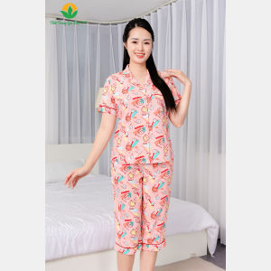 Đồ bộ pijama lanh nữ Việt Thắng quần lửng áo cộc tay họa tiết thoáng mát B06.5016
