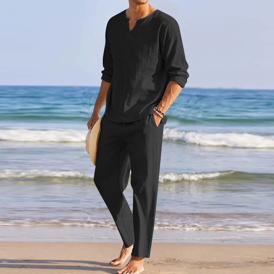 MOMLOVE】 Summer Ready Men's Cotton Linen 2 Piece Set Henley Shirt + Casual  Beach Pants