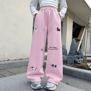 Kids Girls Casual Pants Straight Leg Pants Baggy Trousers Drawstring Pants Elastic Waistband Cute Dog Embroidery Design High Quality Cotton Korean Style Girls Bottoms 7-16yrs