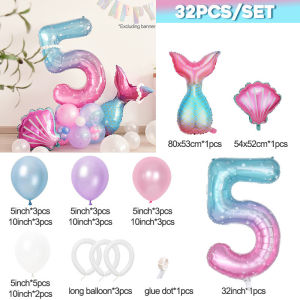 32pcs Gradient Starry Number Balloon Set for Girl Mermaid Under The Sea Birthday Party Decorations