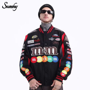 SUNSHY Plus Size MM Embroidered Vintage Couple Baseball Varsity Jacket Women Loose Motor Riding Jacket Men