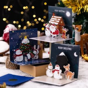 Christmas Card 3D Pop Up Greeting Cards With Envelope Sticker Friend Family Blessing Postcard For Birthday New Year Xmas Decor