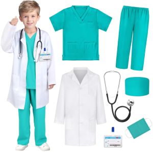 Kids Top+Pants+Coat+Accessories 9PCS Suits With Real Stethoscope For Kids Scrubs Halloween Costume Girls Boys Doctor Dress Up