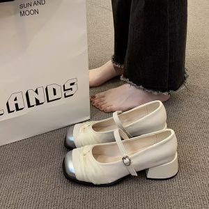 Free Shipping Retro And Gentle Evening Style Single-Strap Chunky Heel Shoes For Women 2026 Spring New Collection Square-Toe Shallow-Mouth Small Leather Shoes