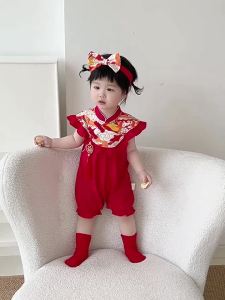 Clothes for babies 2025 Summer Red Newborn Jumpsuit for Baby Girls Hundred Days Romper Hundred Days Banquet Romper 5263