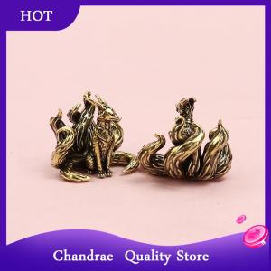 [Chandrae] Miniature Antique Brass Lucky Nine Tailed Fox Figurines Feng Shui Ornament Copper Animal Mini Office Desktop Crafts Home Decor