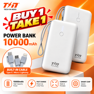 Tech In Need BUY 1 TAKE 1 10000mAh Fast Charge Power Bank Built-in CableLight weight Compact Design