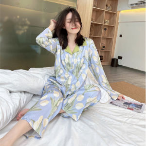 ชุดนอนผ้าไหม ผ้าซาติน ผ้าลื่น pajamas Ice silk High-end womens long sleeve Pajamas