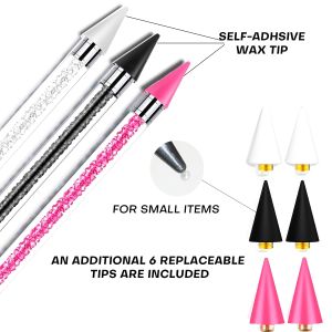 14 Pcs Rhinestone Picker Tool - 3 Pcs Dual-head Pens with 6 Wax Tips Useful Clay Precision Curved and Straight Tweezers Kit for Picking Up Nail Art Gems Stones Crystals and Nail Charms