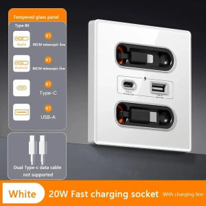 White Universal Smart Socket With escopic charging line 20W Fast Charge Type C USB Port Tempered Glass Wall Power Plug Outlet