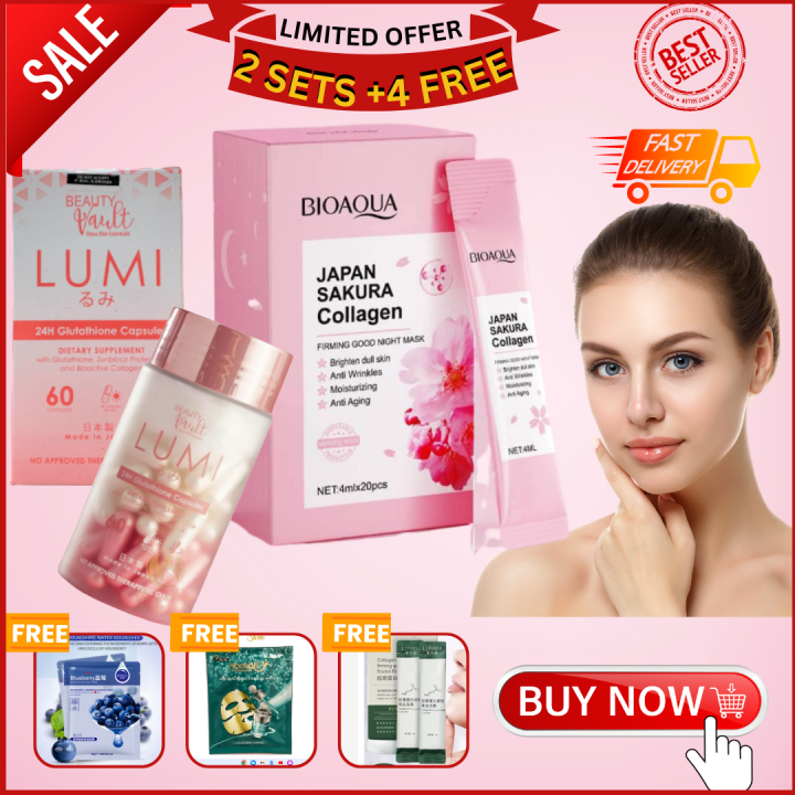 LUMI 24H Glutathione 60 Capsules Day and Night For Skin Whitening And 1 Box  Bioaqua 20pcs
