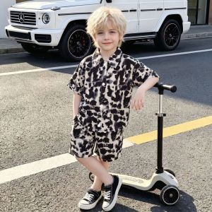 Children Summer Suit Boys Thin Lapel Top Baby Short-Sleeved Shorts Middle Small Children Loose Trendy Leopard Print Shirt