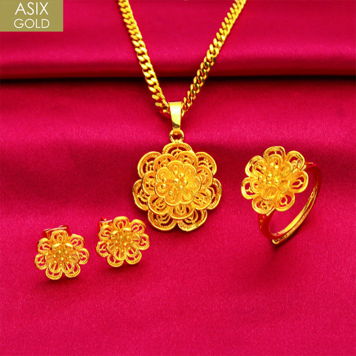 [3 in set] ASIX GOLD 18K Saudi Gold Ladies Flower Necklace Ring Earring  Set Limited Edition Gift Jewelry Lazada PH