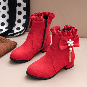 YUAAE รองเท้าบูทแฟชั่นสำหรับเด็กรองเท้าบู๊ทส้นสูงข้อเท้าเด็กผู้หญิงรองเท้าบู๊ตเจ้าหญิงส้นสี่เหลี่ยมมีระบาย