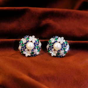 SEQUITO Vintage Baroque Style Gold Plated Ear Jewelry Inlay Colorful AAAAA Cubic Zirconia Pearl Evening Party Big Stud Earrings SE1046