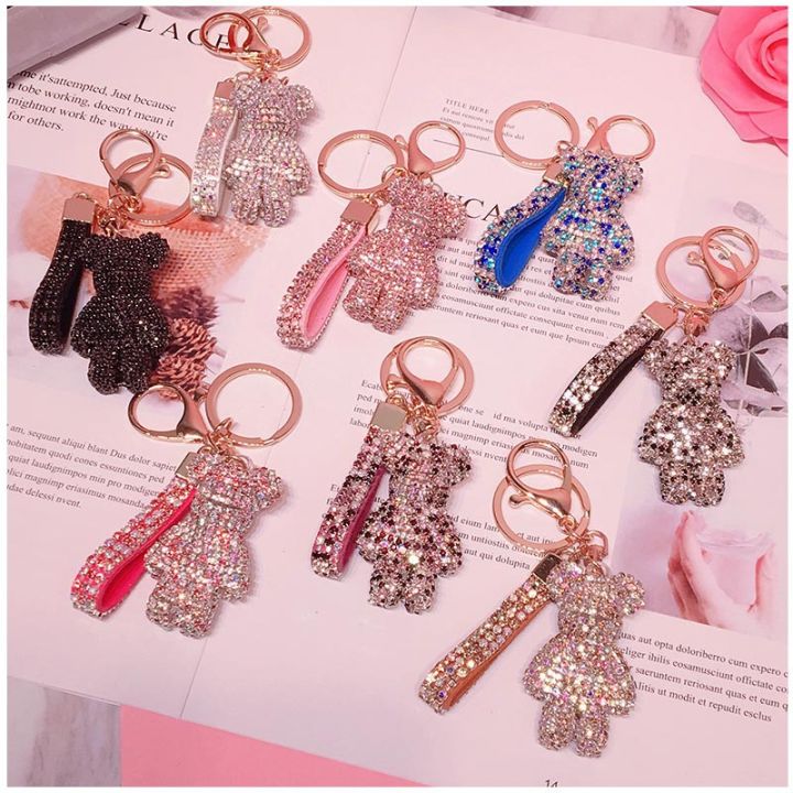 New Cute Bling Rhinestone Cartoon Gloomy Bear Keychain With Strap KAWS Keychain Keyring  Key Ring Chain Doll Pendant Pendant New Rhinestone Violent Bear Keychain Ins Cute Gift Toys Violent Bear Kaws Keychain