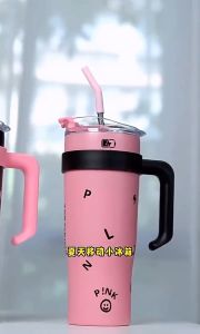Kpop black&pink Coffee cup 1250ml Thermal Mug with handle Straw Thermos cup Stainless steel Insulated cup Travel Mug