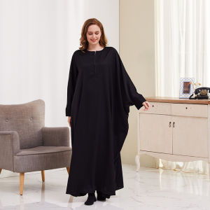Womne Muslim Dress Solid Bat Sleeves Long Dress Loose Zipper Kaftan Maxi Dress Muslimah Abaya Dress Ramadan Prayer Robe