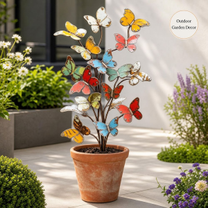 LUMINOU Decorative Butterfly Garden Stake 2D Flat Metal Butterfly Yard Stake Colorful Butterfly Shape Butterfly Plant Stake Garden Decoration