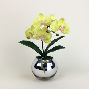 แจกันกล้วยไม้ประดิษฐ์ ดอกไม้ปลอมพร้อมแจกัน กล้วยไม้ฟาแลนสีเหลืองในแจกันแก้วสีเงิน