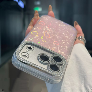 Fashion Glitter Laser Heart Love Shell Pattern Phone Case For iphone 17 16 15 14 Plus 13 12 Pro Max Diamond Lens Protectio Cover