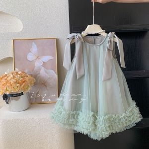 【Cheap Clearance 】Girls Korean summer dress Childrens bow mesh princess dress Baby sleeveless dress