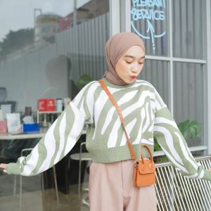 SWEATER RAJUT ARABELE CROP BLOUSE WANITA I CROPE BLUS CEWEK BAHAN KNIT TEBAL PREMIUM MOTIF ZEBRA