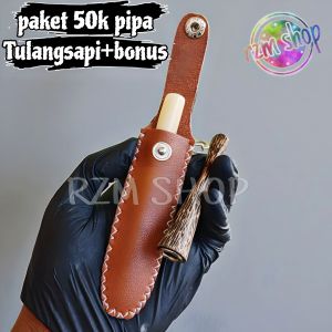Paket 50k Pipa Once Padud Cangklong Tulangsapi Polos Premium Plus Sarung Kulit Bonus Pipa Kayu Mini