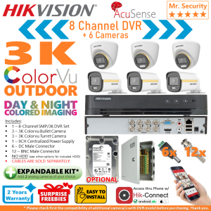 Hikvision 8CH Package 3K(New 5MP 16:9) ColorVu TVI Outdoor 6Camera (3 Bullet 3 Turret/ Dome) 8CH DIY CCTV Package Kit 8/6CRV6 CPS(3B3D) (with optional HDD) (Cables are sold separately)