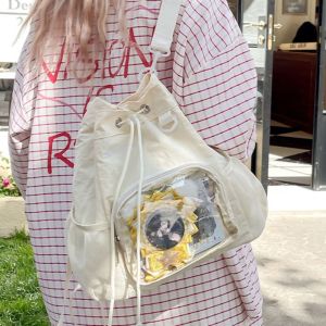 YUCHEN Transparent Nylon Drawstring Backpack Lightweight Sweet Y2k Schoolbag Knapsack Badge Display Casual Ita Backpack Girls