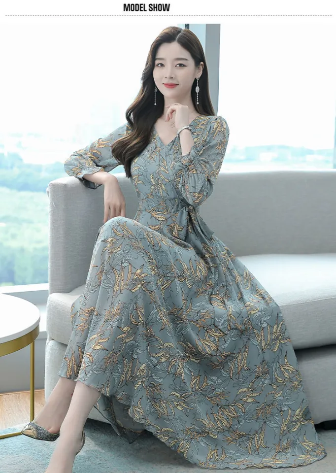 NI Dresses for womenNew style big swing skirt middle-aged waist slim  long-sleeved V-neck A-line skirt fashion print dress Womens Dresses  Middle-aged waist long-sleeved A-line printed dress dresss formal dress  filipiniana modern dress -