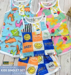 Hot Weather Kids Pattern Eyelet Singlet Set  6m-6y Children Boys Girls Cartoon Singlet Set | Singlet with short pant