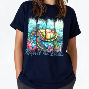 [Local Stock] HBESTY  Women Cotton T Shirt Respect The Locals Watercolor Sea Turtle Underwater Coral Floral Graphic Tee Ocean Conservation Beach Tees