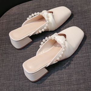 [Free Shipping] Pearl Toe-strap Mules for Women 2025 Spring/Summer New High Heels with Chunky Mid-Heel for Casual Wear