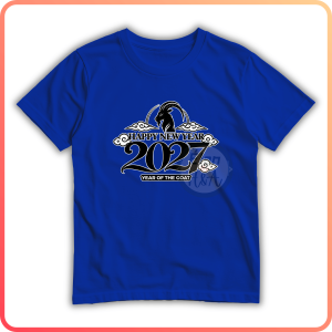 Year of the Goat 2027 Lucky Color LUMINOUS BLUE T-Shirts with "2027 YEAR OF THE GOAT BLACK" Design Casual Wear for Family Christmas | Reunion Outfit