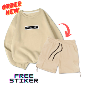Oneset Stelan Sweater & Celana Pendek Cargo Fleece Bahan Lembut Adem One Set 1 Stel CrewNeck Pria/Wanita Introvert New Premium Katun Fleece 280gsm