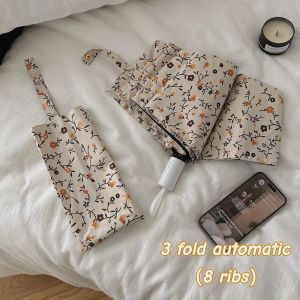 Yellow floral folding umbrella UV protection umbrella with hook Portable automatic umbrella