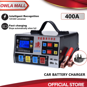 Car Battery Charger 12V/24V 400A Universal Car Lorry Battery Charger Pengecas Bateri Kereta Lori Pulse Repair Charging Pengecas Bateri Kereta 3Pin Plug 2Crocodile Clip