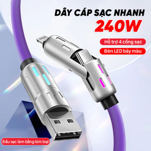 Cáp Sạc Đa Năng 4 Trong 1 RGB 240W TechHome - Đèn LED 7 Màu Silicon Chống Gãy Sạc Nhanh Cho Mọi Thiết Bị - DT1018
