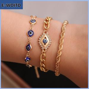 【E-WOITD】 ชุดสร้อยข้อมือดวงตาสีฟ้าชั่วร้ายไก่งวงนำโชค3ชิ้นชุดสายรัดข้อมือโลหะแบบวางซ้อนได้สำหรับเครื่องประดับชายหญิงของขวัญสร้อยข้อมือตาชั่วร้าย