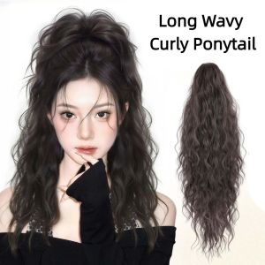 NO4 PANDA Hair Extensions Long Wavy Curly Ponytail Synthetic Black Brown Pony Tail Hairpiece Trendy Natural Claw Clip Ponytail Wig for Women