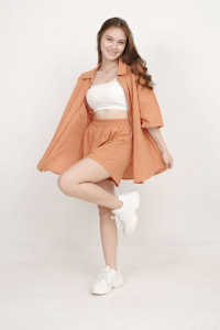 ZEALO Harlow Button Up Collar Oversized Top and Shorts Terno Coordinates Set | Material: Linen | Free Size: Best Fit to Medium SemiLarge | Color: Taupe Army Teal Dark Brown Walnut Mint Green Olive Navy Blue