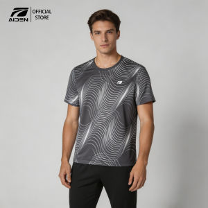 AIDEN Men Quick Dry Sports T-Shirt Wave Print Breathable Sweat Wicking Elastic Short Sleeve Running Gym