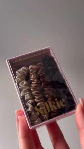 SILKIE x4 Set - Forget Satin - 100% Pure Mulberry Silk Black Brown Skinny Scrunchies Travel Pouch Everyday Hair Ties Elastics Hair Care Ponytail Holder No Damage (Chocolate)