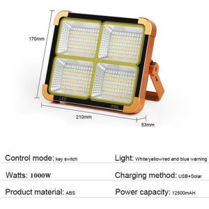 1000W Portable Solar Flood Light 336LED Camping Tent Light USB Rechargeable Spotlight Solar Light Outdoor Waterproof Work Light