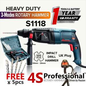 4S Professional™ S1118 SDS Plus Impact Rotary Hammer Drill + 5pcs Drill / Chisel Bits (2 Year Warranty)