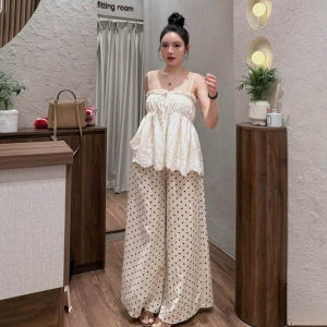 MK_Set tiểu thư vintage set đồ nữ mặc hè du lịch áo babydoll hai dây Ren hoa thắt nơ phối quần chấm bi suông dài dễ thương
