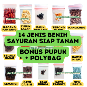 Paket 14 Benih Sayuran Premium Berbagai Varietas Bonus Pupuk NPK 161616 & Polybag