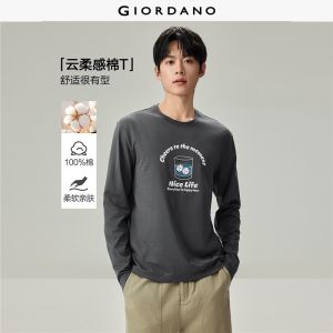 Giordano Beau Monde Men Retro graphic print long sleeve cotton tee Free Shipping 13096797